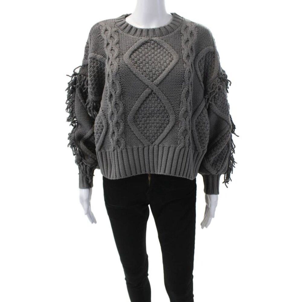 Line And Dot Womens Cable Knit Fringe Trim Pullover Sweater Gray Size XS